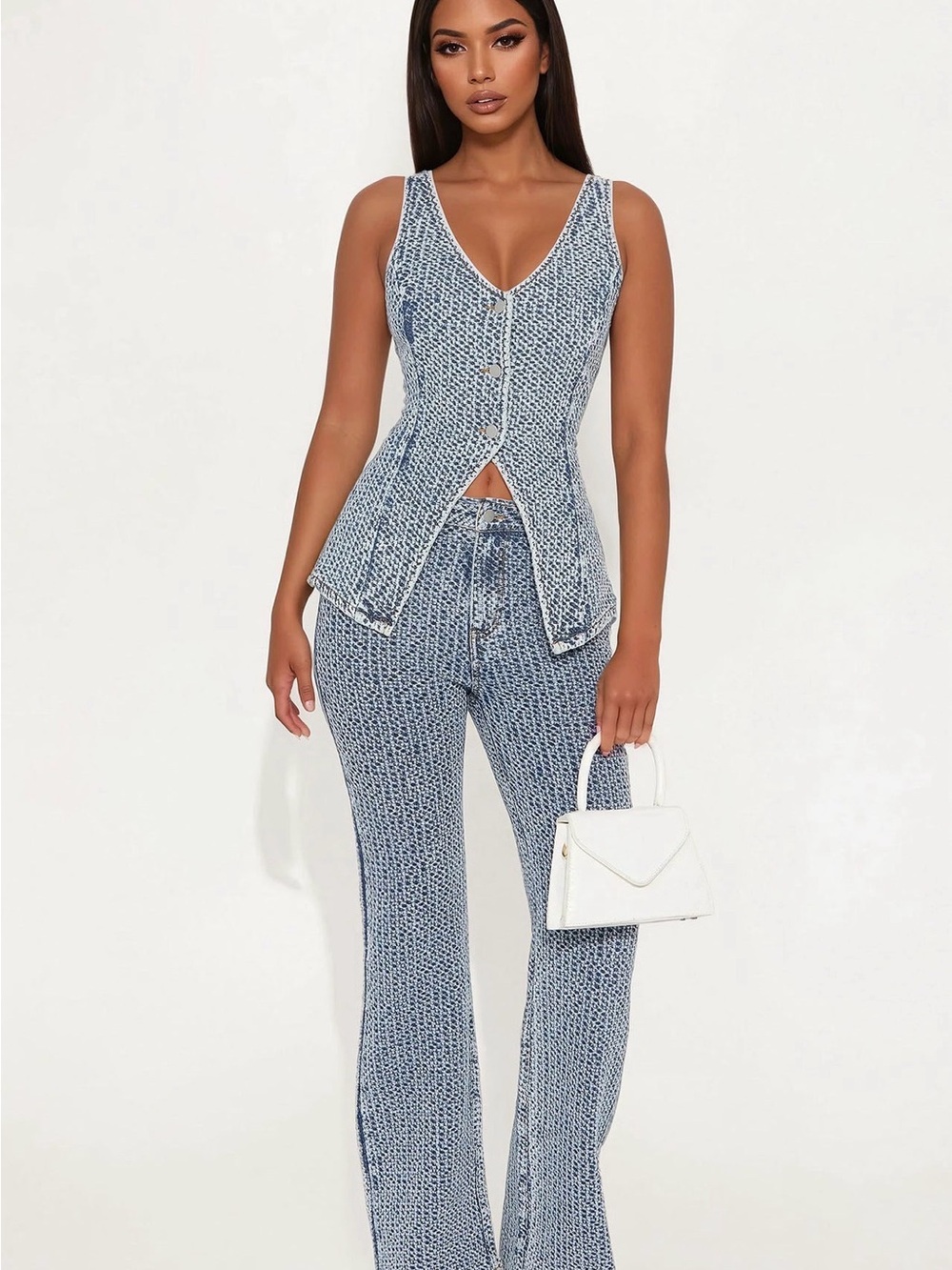 Fashion Nova Blue Textured Knit Tank with Flare Pants
